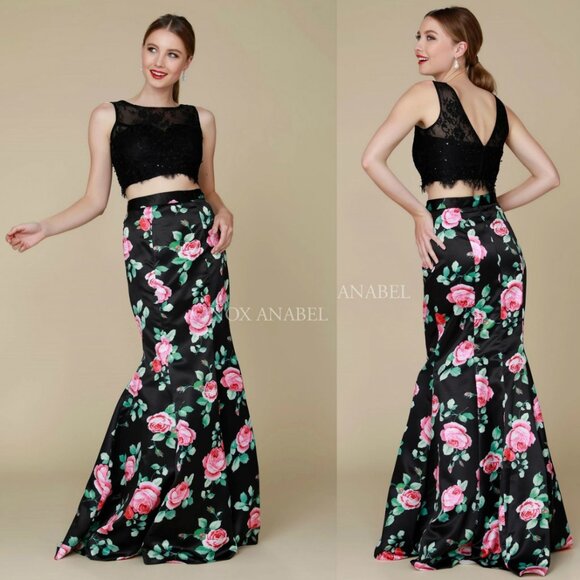 Nox Anabel 8268 Mermaid Party Formal 2-piece Dress with Rose print skirt, S,M - Picture 1 of 6